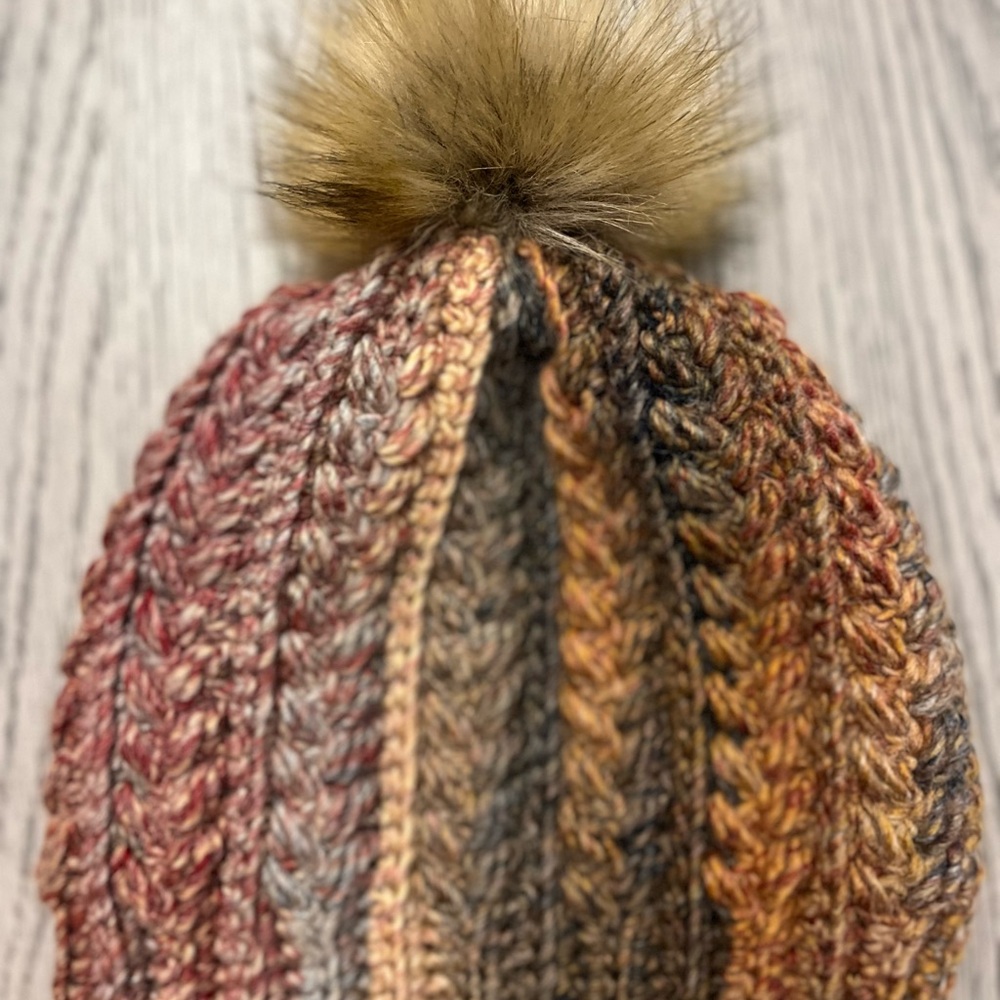 Handmade Multicolor Knit Beanie with Faux Fur Pom